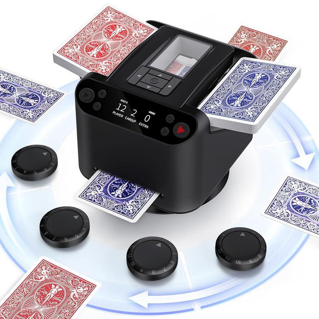 XPAW Automatic Card Shuffler and Dealer 2-in-1, 2 Deck 360° Rotating Dealing Machine for 12 Players, 4 Drawing Remotes, Rechargeable Playing Card Shuffler Machine for UNO, Poker, Phase 10