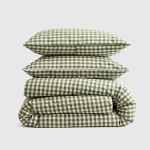 Classic Organic Percale Gingham Duvet Cover Set in Olive