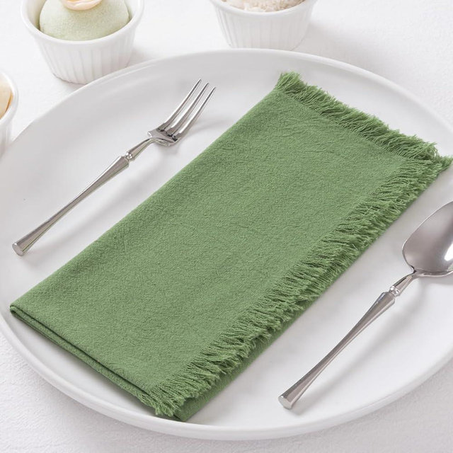 DeZerlor 6 Pack Sage Green Cotton Linen Napkins with Fringe Spring Cloth Napkins Set of 6 Boho Handmade Dinner Easter Napkins for Wedding Bridal Baby Shower Tea Party St Patrick's Day, 17 x 17 Inches