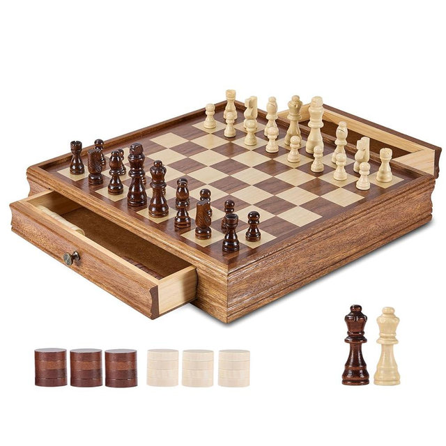 VEVOR Solid Wood Chess Set, 15 inch 2-in-1 Chess Checkers Game Set, Chess Board Games with Storage Drawer & Weighted Chess Checkers Pieces & 2 Queens, Christmas Crafts Xmas Gift