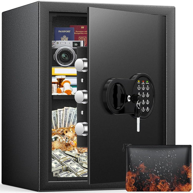 Mitlvge Safe Box with Fireproof Waterproof Bag, Home Safe with Keys & Pass Code & Wall Mount Kits, Money Safe with Smart Alert System for Money, Jewelry, and Documents, 2.0 Cu ft