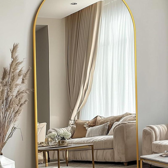 LadyNow Full Length Mirror, 81"x41" Oversized Floor Mirror Freestanding, Full Body Floor Standing Mirror with Stand, Hanging Mounted for Bedroom Living Room, Gold, Arched Style