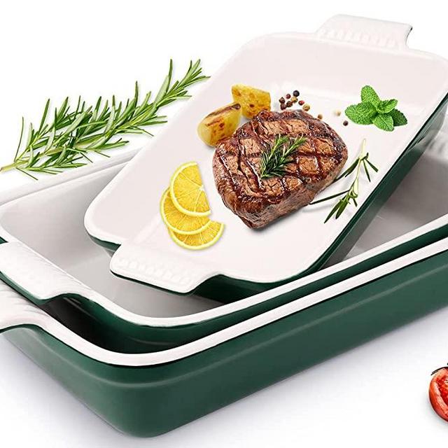 Toptier Ceramic Baking Dish Set, 3-Piece Casserole Dish Set, Rectangular Bakeware Set - Grip Handles for Easy Carry from Hot Oven to Table, Nest for Space-Saving Storage, Dark Green