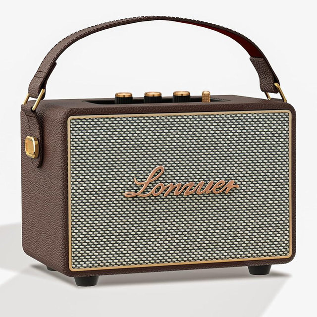 Lonzuer Vintage Home Decor Wireless Bluetooth Wooden Carrying Portable Speaker Deep Bass with Fabric Grill Leather Strap Handle-Brown