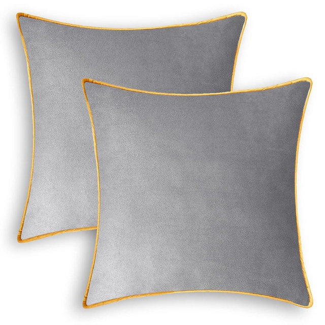 CaliTime Throw Pillow Covers Pack of 2 Super Soft Faux Suede Gold Piping Edge Accent Cushion Cases for Couch Bed Sofa Farmhouse Decorative 18 X 18 Inches Silver Gray
