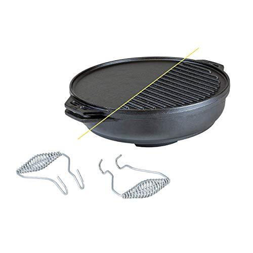 Lodge Cast Iron Cook-It-All Kit. Five-Piece Cast Iron Set includes a Reversible Grill/Griddle 14 Inch, 6.8 Quart Bottom/Wok, Two Heavy Duty Handles, and a Tips & Tricks Booklet.