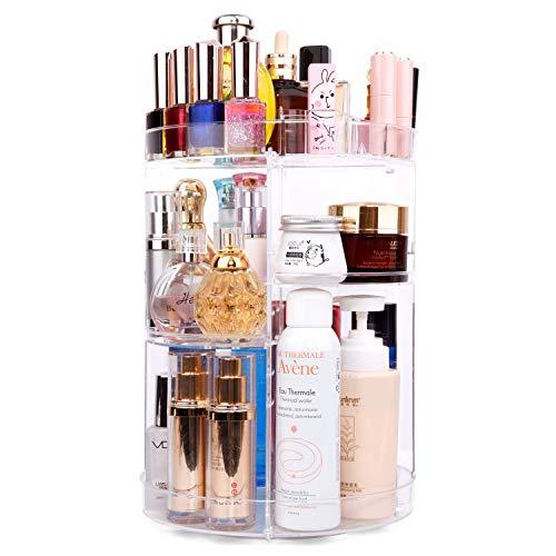 360 Degree Spinning Makeup Organizer, sanipoe Adjustable Makeup Carousel Round Rotating Storage Stand Rack, Large Capacity Ondisplay Shelf Cosmetics Organizer, Great for Countertop and Bathroom, Clear