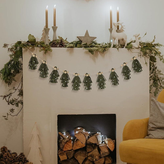 Knitgrip Boho Bohemian Aesthetic Christmas Tree Tassel Garland with Wood Beads Pastel Christmas Birthday Party Decor Anthropologie Bedroom, Nursery