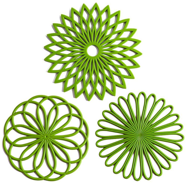 Set of 3 Silicone Trivet Mat - Hot Pot Holder Hot Pads for Table & Countertop - Trivet for Hot Dishes - Non-Slip & Heat Resistant Modern Kitchen Hot Pads for Pots & Pans, Dark Green