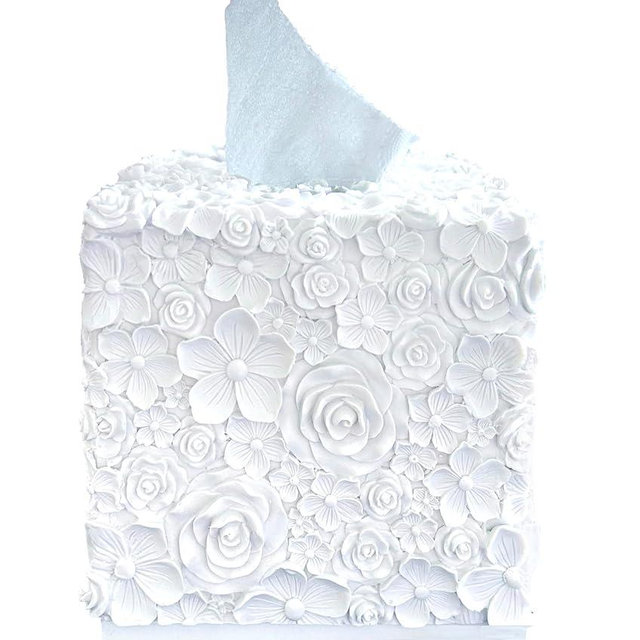 Huitony Square Tissue Box Cover Decorative Kleenex Box Holder for Bathroom & Living Room with Handcrafted Texture (Rose White)