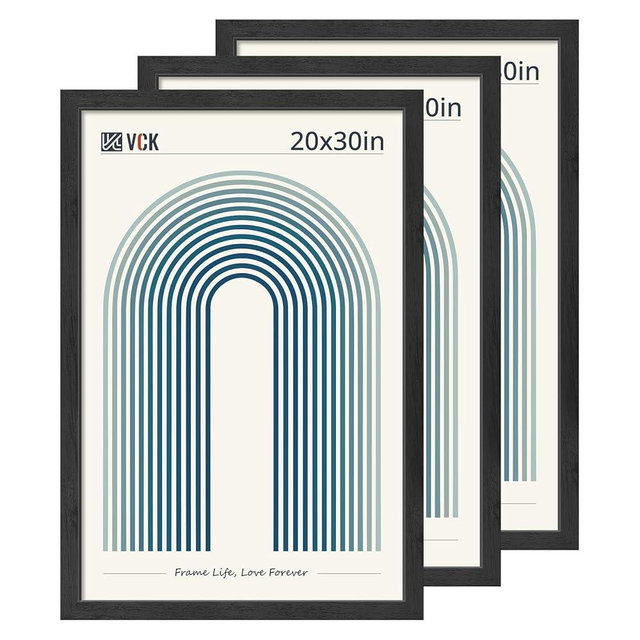 VCK 20x30 Black Poster Frame 3 Pack, Picture Frame with Exclusive Wood Grain, Studio & Home & Gallery Frame, Wall Hanging