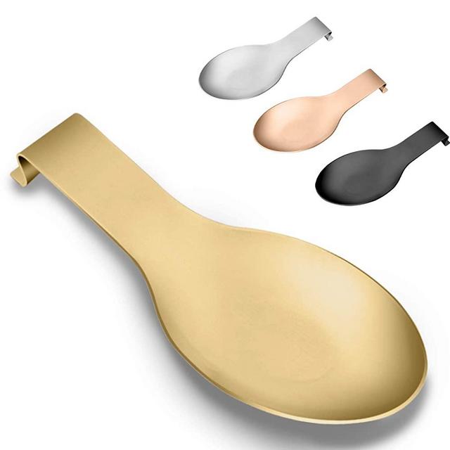 Stainless Steel Spoon Rest,Spatula Ladle Holder, Stainless Steel Utensil Spoon Rest Holder, Brushed Finish, Dishwasher Safe 3.8 x 9.4 Inch (Gold Color 1PC)