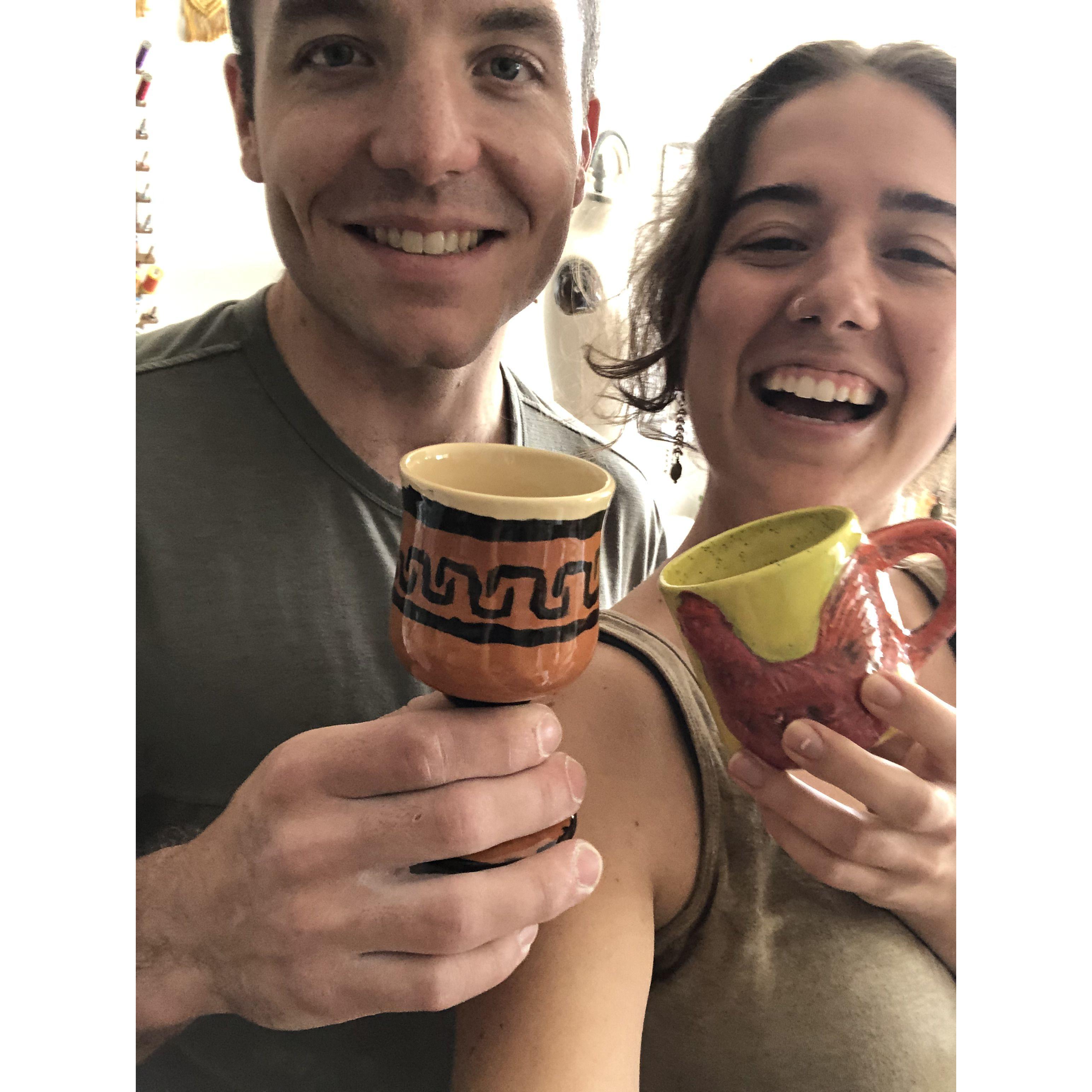 Our first photo together, with our painted ceramic creations, August 2023