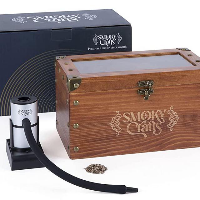 Smoky Crafts Cocktail Smoker Kit for Drinks - Whiskey Smoker Kit with Drink Smoker Gun - This All in One Old Fashioned Smoker Kit Includes Handcrafted Wooden Cocktail Smoker Box, Smoking Gun Food Smoker and Wood Chips