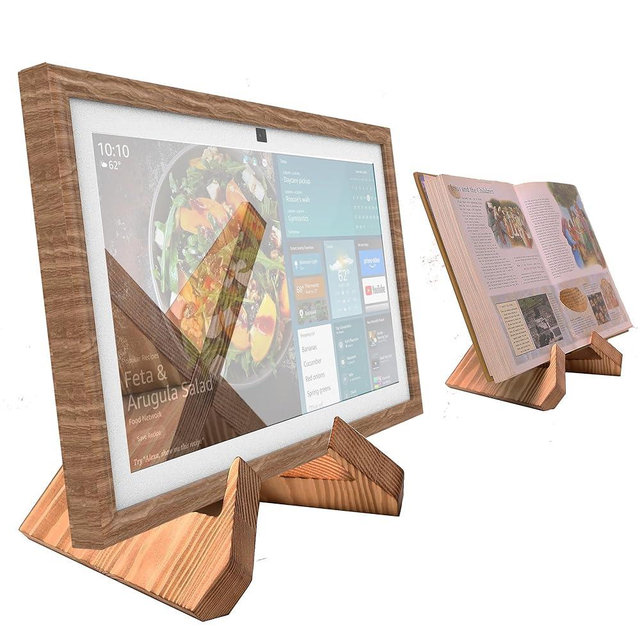 Light Wooden Grain Frame Decoration for Echo Show 15,Solid Wood Desktop Stand for Cookbook Echo show15,Combination Set of Frame and Stand(Light Wood Grain Color)