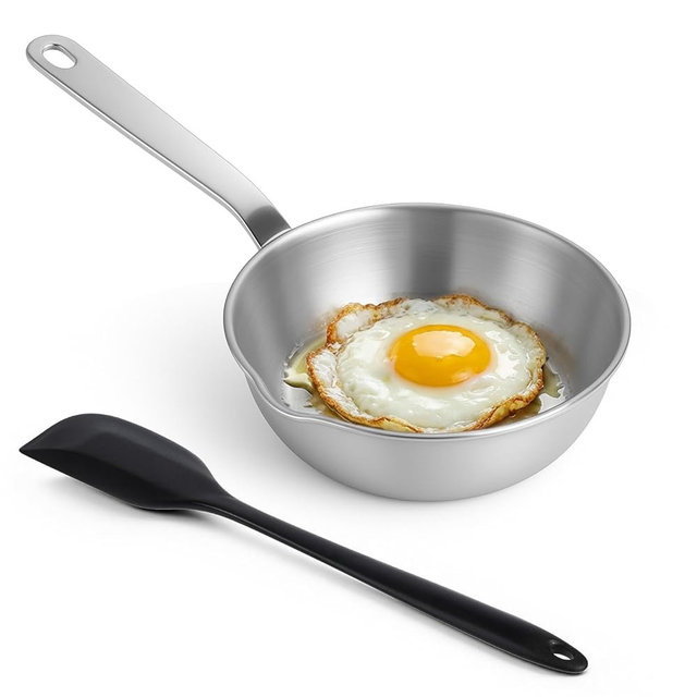 IMengjbang 316 Stainless Steel Omelet Pan, 5" Round Egg Pan 1/2 Quart Saucier Pan Sauce Pan Mini Skillet Frying Pan with Spout for Butter Warmer Small Pot Cooking with 10.5" Scraper, Dishwasher Safe