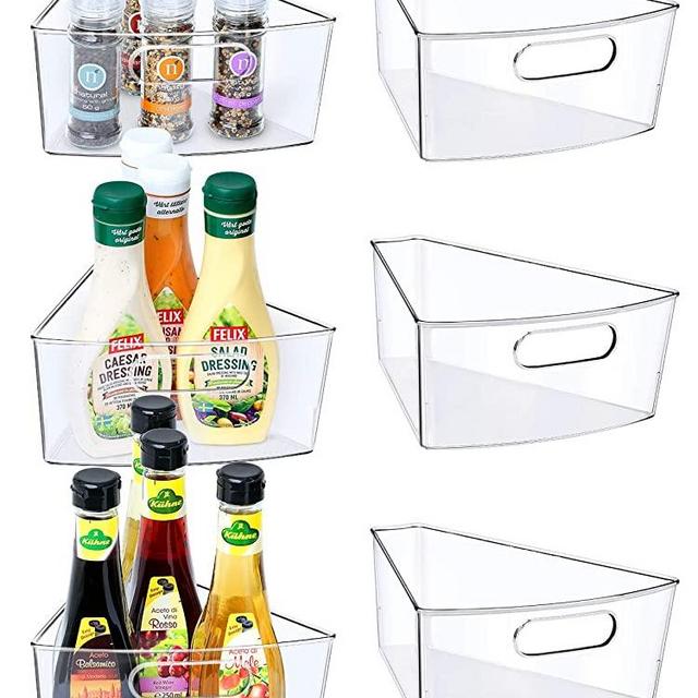 JEISSLIA Lazy Susan Cabinet Organizer Bins, 10.2" x 9.4" x 4" Clear Plastic Kitchen Cabinet Storage, 1/8 Wedge - Food Safe, BPA Free, with Non-slip Accessories (Set of 6)