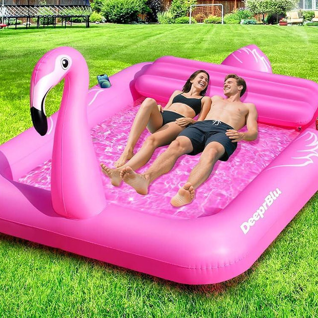 DeeprBlu Luxury Flamingo Inflatable Tanning Pool for 2 Person, 81x60 inch Sunbathing Pool Lounger Float, Pink Blow Up Tanning Pool Suntan Tub, Tanning Water Bed with Cup Holder, Lounge Float for Adult