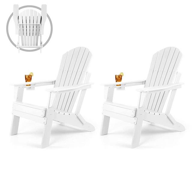 Folding Adirondack Chair Set of 2, Fire Pit Chairs, Plastic Adirondack Chairs Weather Resistant with Cup Holder, Composite Adirondack Chairs, White