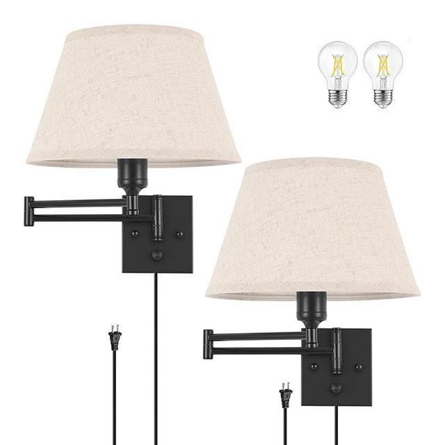 TRLIFE Dimmable Wall Sconce Plug in, Wall Sconces Set of Two Swing Arm Wall Lights with Plug in Cord and On/Off Rotary Switch, 11.8" Large Beige Fabric Lampshade(LED Bulbs Included)