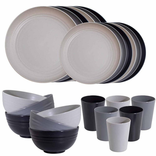 Rubtlamp 24Pcs Kitchen Plastic Wheat Straw Dinnerware Set,Dinnerware Sets for 6,Microwave Dishwasher Safe Plates, Unbreakable Reusable Plastic Wheat Straw Bowls & Plate for Camping