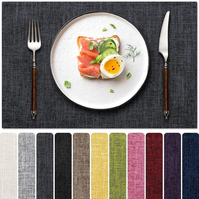 Blue Forest Placemats Set of 6, Dual-Layered Thickened Faux Linen Cloth Place Mats Heat Resistant Machine Washable Wrinkle Free Table Mats Indoor/Outdoor (Dark Grey)