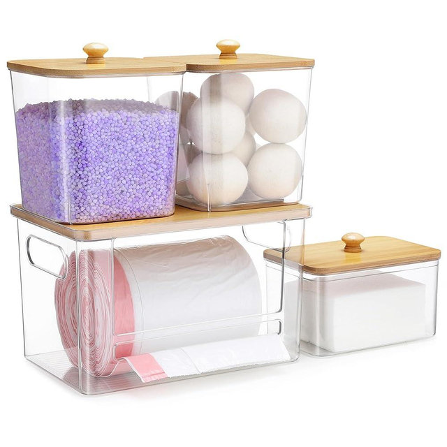 YAFFWA Extra Large Trash Bag Holder 4 Pack Garbage Bag Dispenser Roll Holder with Lid Laundry Room Organizer Under Sink Stackable Storage, Wall Mounted Laundry Dryer Sheet Holder Clear Pod Container