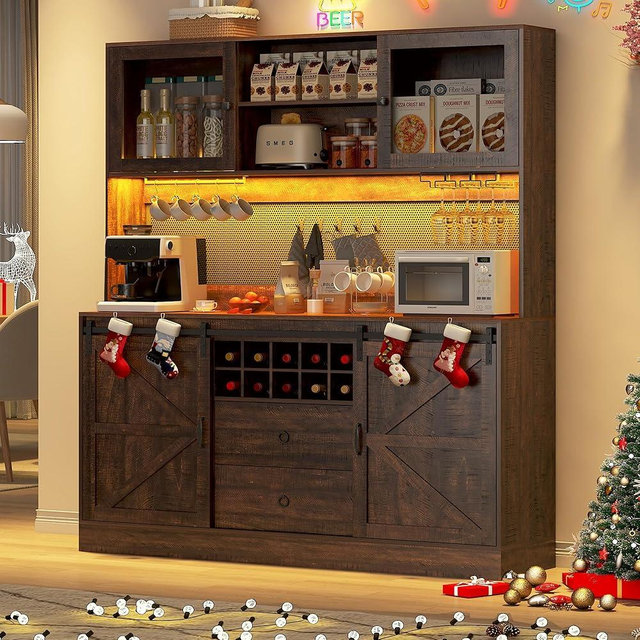 74" Tall 63" Wide Large Coffee Bar Cabinet w/ Outlet,6000-color LED Light,Pegboard,Farmhouse Hutch Cabinet w/Barn Door,2 Big Drawers,Adjustable Shelves,10 Wine & Glasses Rack,5 Hook for Kitchen,Brown
