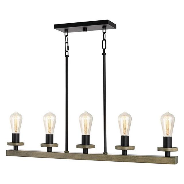 Kira Home Bradford 35" 5-Light Modern Farmhouse Linear Kitchen Island Light, Wood Style + Black Finish