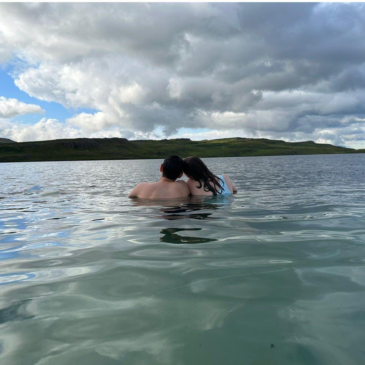 Relaxing at the Vök Baths in Iceland.