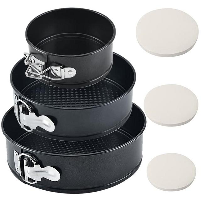 Tellshun 3 Pack Springform Cheesecakes Pan Tin Set 4, 7, 9 Inch Baking Mold Round Leakproof Nonstick Removable Bottom Bakeware for Cake Pie Pizza and Quiches Includes 150Pcs Parchment Paper