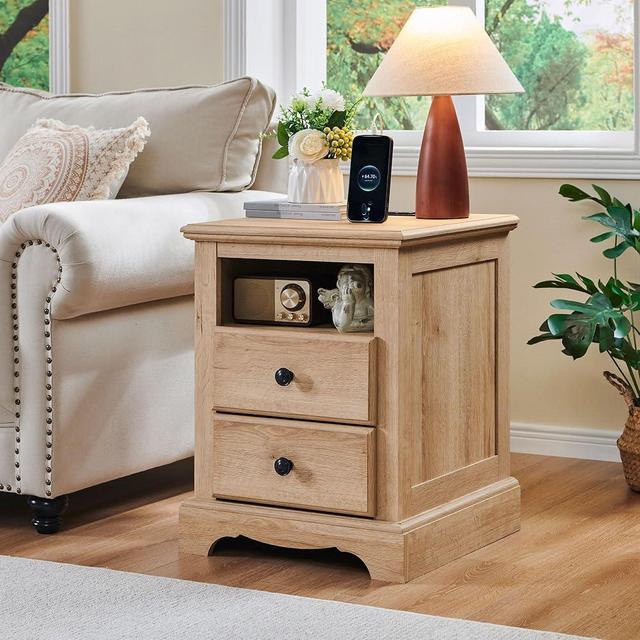 T4TREAM Nightstand with Charging Station, 18 Inch Vintage End Table with 2 Drawers, Wood Rustic Sofa Side Table with Open Storage Shelf for Bedroom, Living Room, Natural Oak
