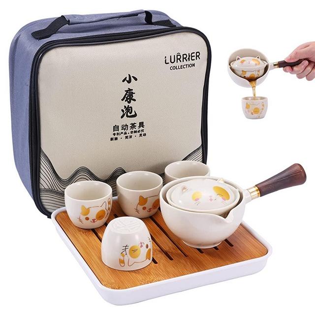 LURRIER Porcelain Chinese Gongfu Tea Set,Portable Teapot Set with 360 Rotation Tea maker and Infuser,Portable All in One Gift Bag for Travel,Home,Gifting,Outdoor and Office (Kitty Cat)
