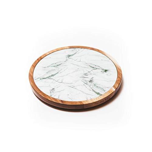 Lazy Susan Turntable - Acacia Wood and Removable White & Green Marble Effect Texture Glass Plate 12 inch