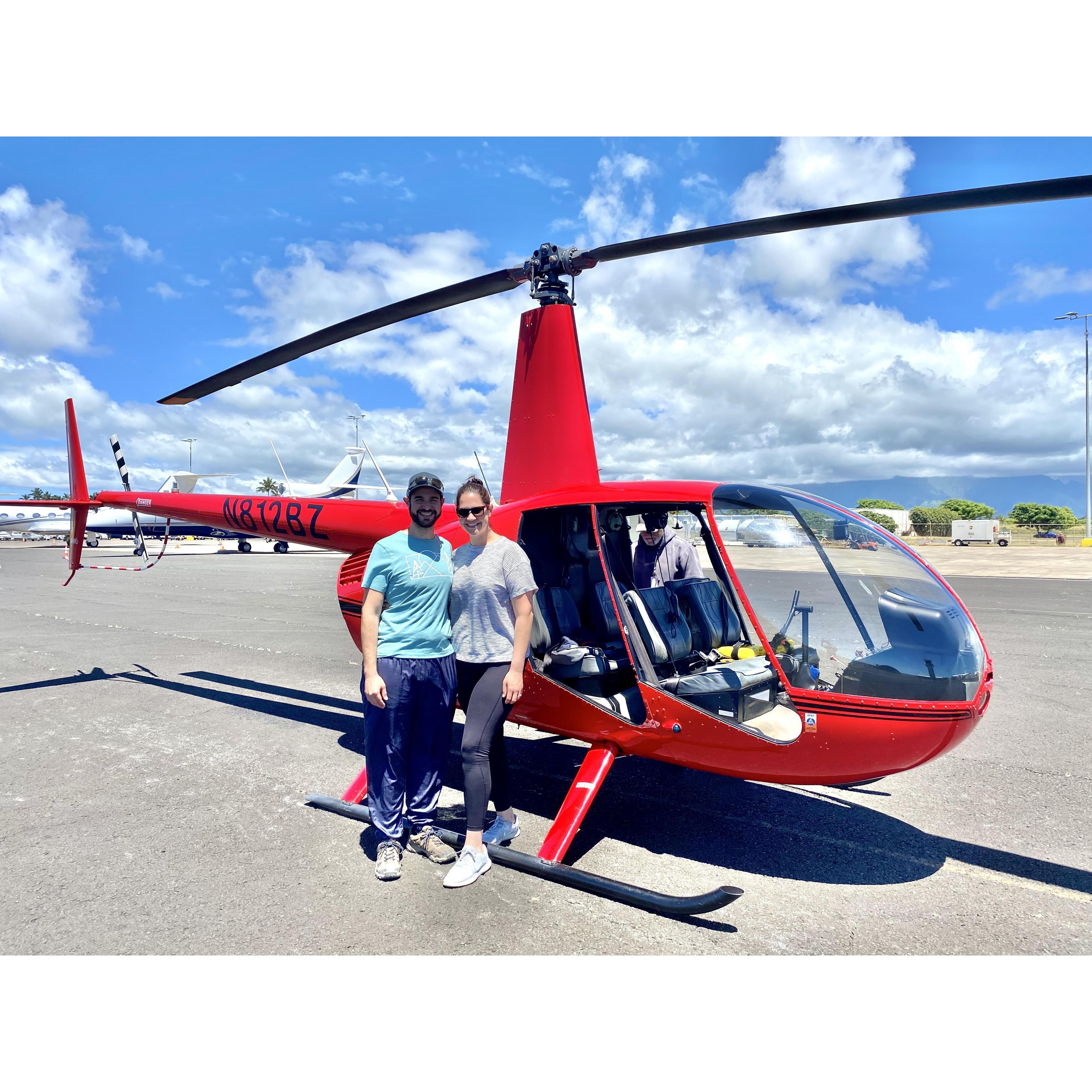 Post engagement surprise! A doors-off helicopter tour of Kauai. An unforgettable experience!
