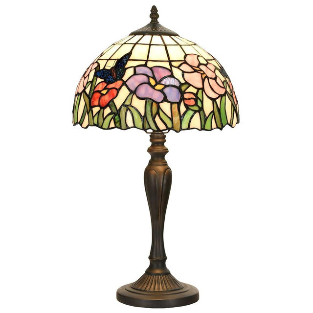 HomeBeauty TL0001 Tiffany Table Lamp Handmade Stained Glass Flowers Butterfly Design Lampshade Reading Desk Light 12X21.5 Inches for Bedroom Living Room Home Office,LED Bulb Included
