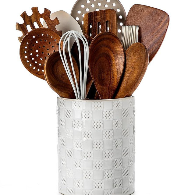Nucookery 6.4'' Utensil Holder - Ceramic Utensil Holder for Kitchen Counter, Large Capacity Countertop Storage, Farmhouse Style Utensil Crock Organizer for Spoons, Spatulas & Cooking Tools