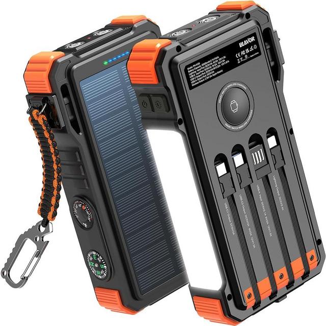 BLAVOR Solar Charger 20000mAh Built-in Cables, 20W Fast Charging Portable Power Bank with USB C, Camping Light, Flashlight, Battery Pack for iPhone 16 15 14 13 12 11, iPad, Samsung, Apple Watch
