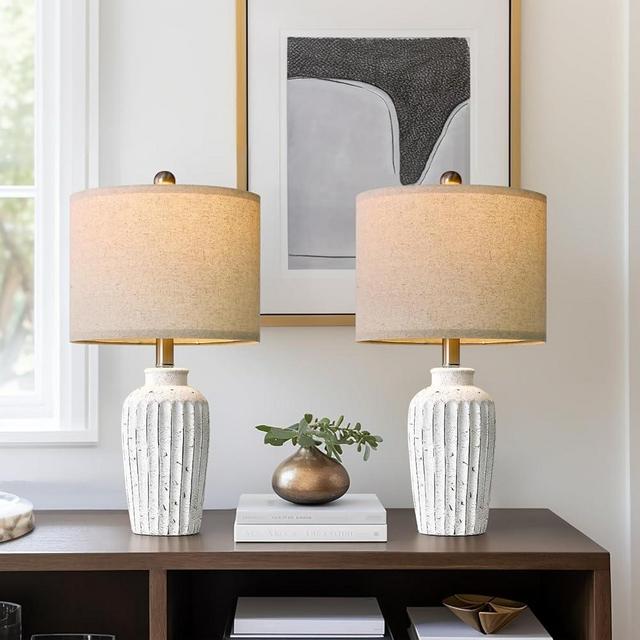 PORTRES 20" Farmhouse Ceramic Table Lamp Set of 2 for Bedroom,Vintage Bedside Lamps for Night Stands,Small Lamp for Living Room Office Dorm(Fashion White)