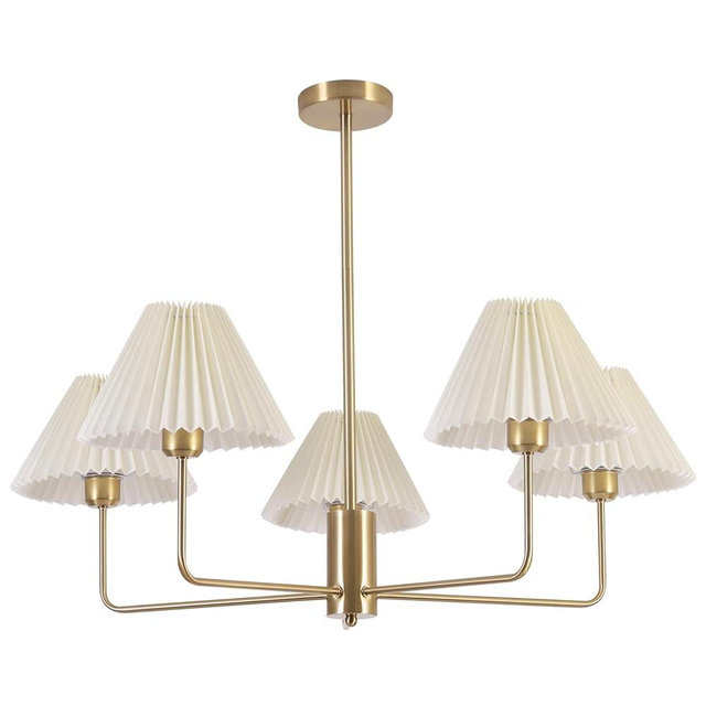 KCO Lighting 5-Lights White Pleated Fabric Pendant Light Mid Century Modern Brushed Gold Sputnik Chandelier Traditional Dining Living Room Chandelier Above Dining Table