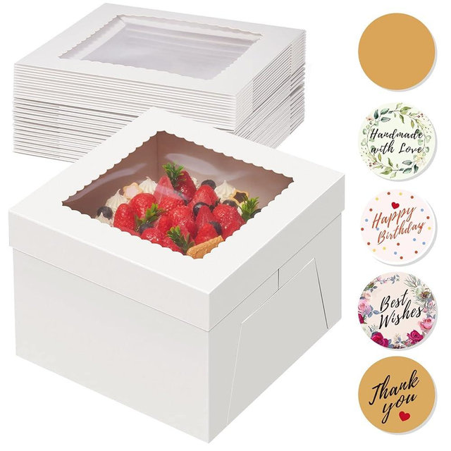 Kootek 15pcs Cake Boxes, 10x10x8 Inches Tall Cake Box with Window, White Bakery Boxes, Large Baking Boxes, Square Cardboard Cake Box for Multi-Layer Cakes, Cake Decorating Supplies for Gift Giving