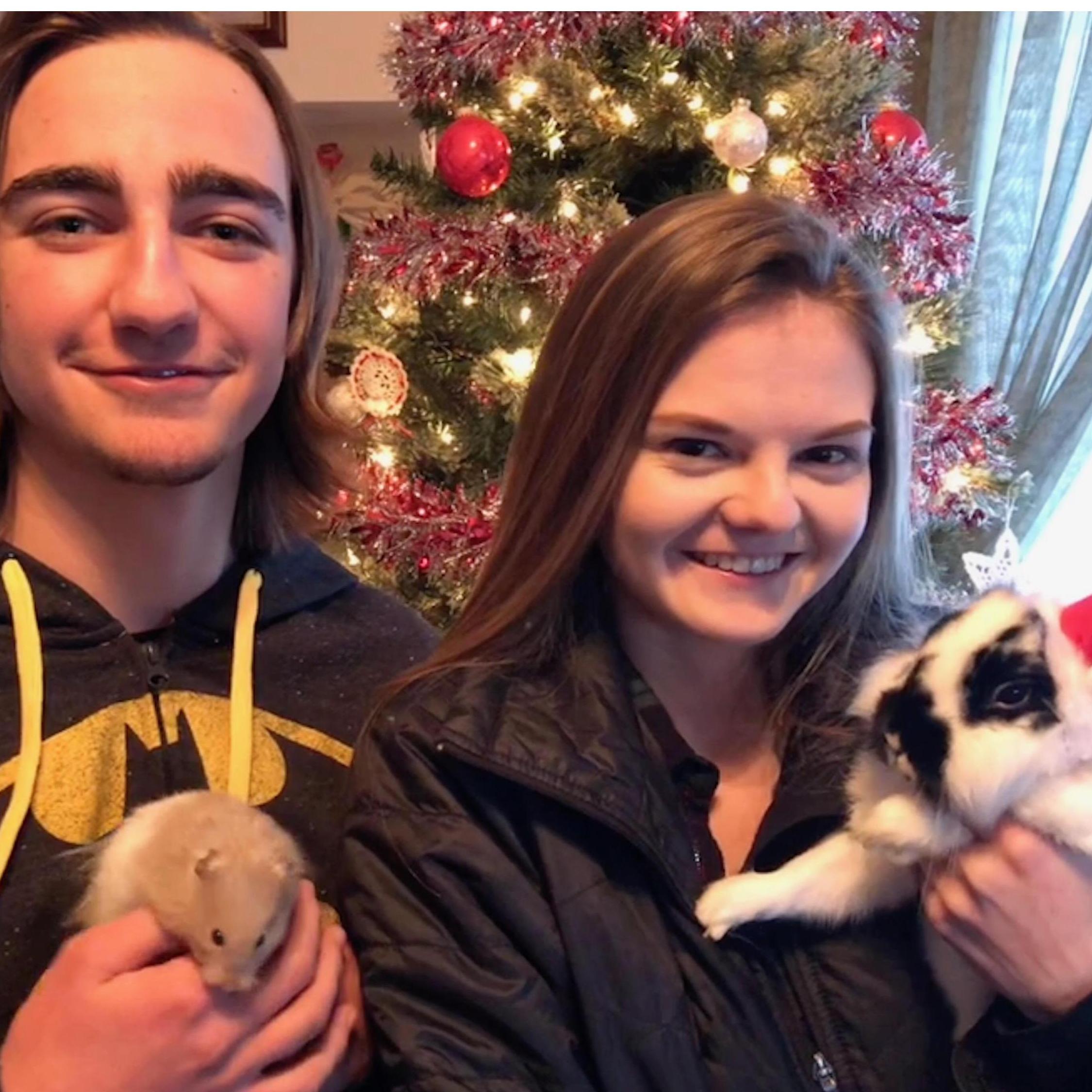 Our little family. Captain Marbles of the SS Nugget, the hamster, was our first pet together. Thumber Darrell, is our rescue rabbit. Christmas of 2017