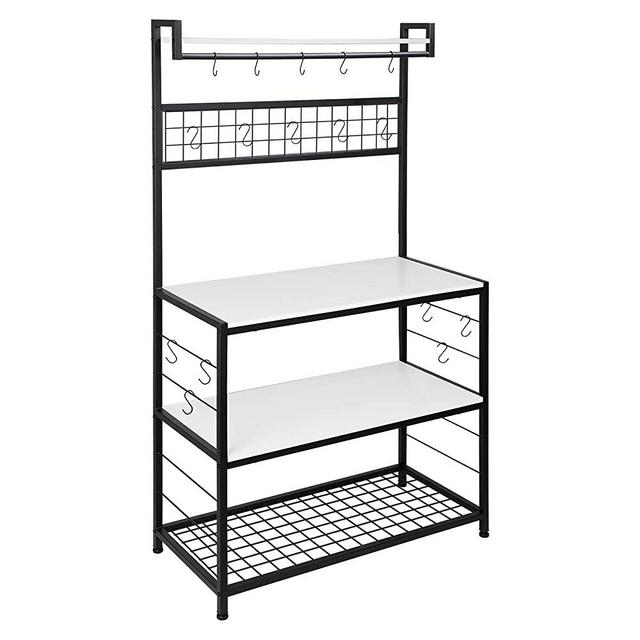 HOMEKOKO Kitchen Bakers Bakers Rack with 16 Hooks for Microwave Oven Cooking Utensils, Industrial, Black White