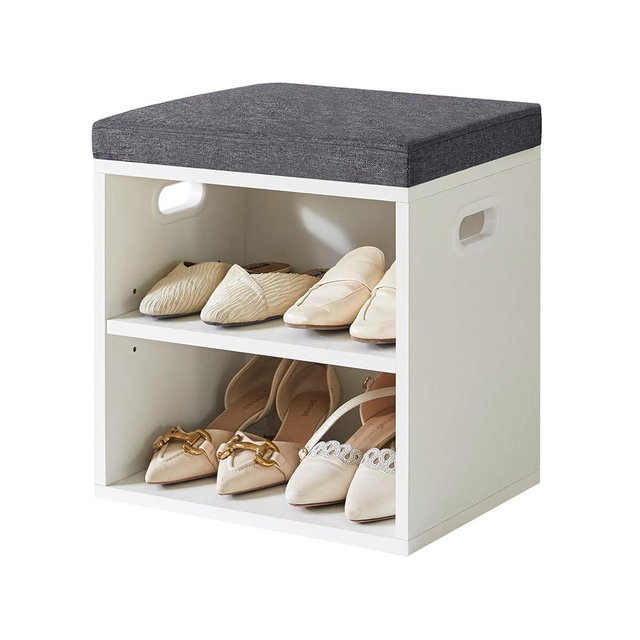 YMYNY Shoe Storage Bench with Cushion, 2 Tier Shoe Rack with Padded Seat, Adjustable Shoe Organizer Cabinet for Entryway, Living Room, Hallway, Closet, Bedroom, 15.4L*11W*16.54H, White, UHBD028W