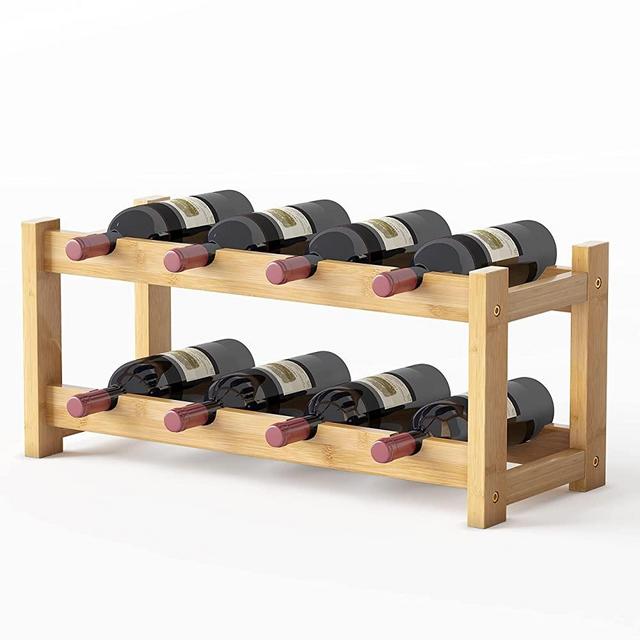 BAMEOS Wine Rack Free Standing 8 Bottle 2 Tier Bamboo Wine Racks Countertop Cabinet Wine Holder Wine Storage Shelf for Kitchen, Bar, Pantry, Wine Cellar, Basement, Countertop (16.85 L x 9.25W x 7H)
