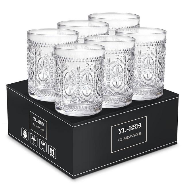 YL-ESH Vintage Drinking Glasses Set of 6 Kitchen Glass Cups，9.5 Oz Clear Old Fashioned Water Glassware, Embossed Vintage Glass Tumblers for Whiskey Glasses, Cocktail Glasses, Beer, Juice