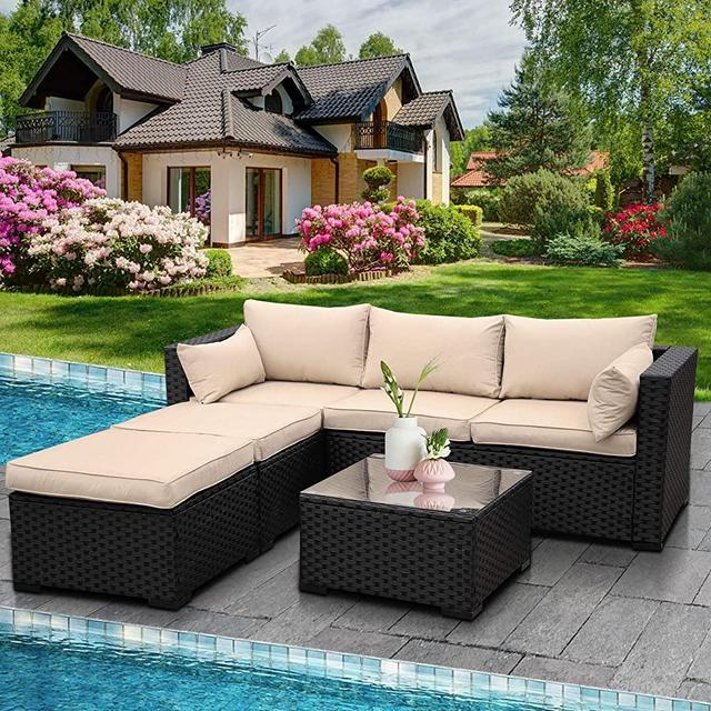 Rattaner Outdoor Sectional Sofa Set 4-Piece 6-Seater Black PE Wicker Patio Conversation Furniture Couch with Khaki Cushion,2 L-Shaped Loveseats and Ottomans, Multi-Purpose Tempered Glass Coffee Table