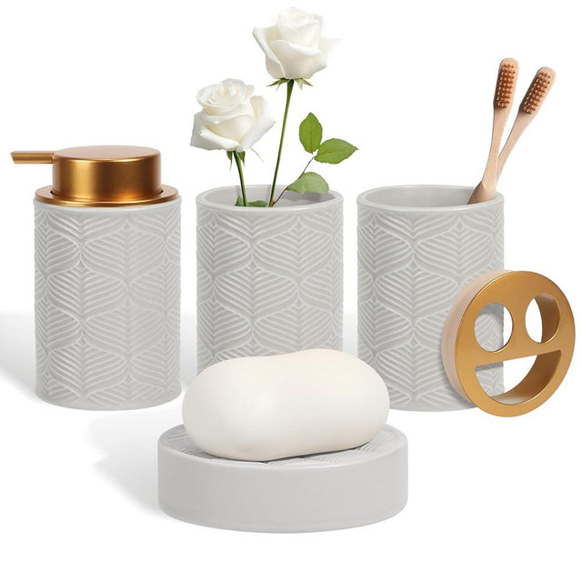 Kukikan Ceramic Bathroom Accessories Set, 4 Pcs-Includes Lotion Soap Dispenser, Toothbrush Holder, Vanity Tray, and Tumbler, Modern Bathroom Decor Organizer with Soap Dish, Apothecary Jar, Grey Color