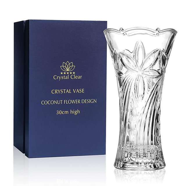 Crystal Vase,, 12" high, for Flowers & Decor, Coconut Flower Design, Lovely Nice Shiny Piece, Suitable for All Occasions, Perfect as a Gift,