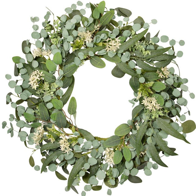 wwmira 24 Inch Green Eucalyptus Boxwood Wreaths for Front Door- Spring Summer Wreath with White Flowers,Eucalyptus, All Seasons Evergreen Decor for Indooor Outdoor Farmhouse